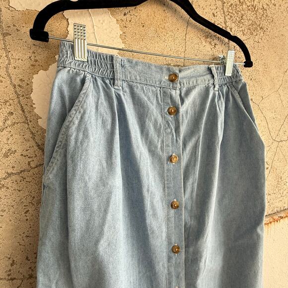 Vintage Denim Midi Skirt Button Front Light Wash Chambray 100% Cotton Size 12 - Picture 2 of 4